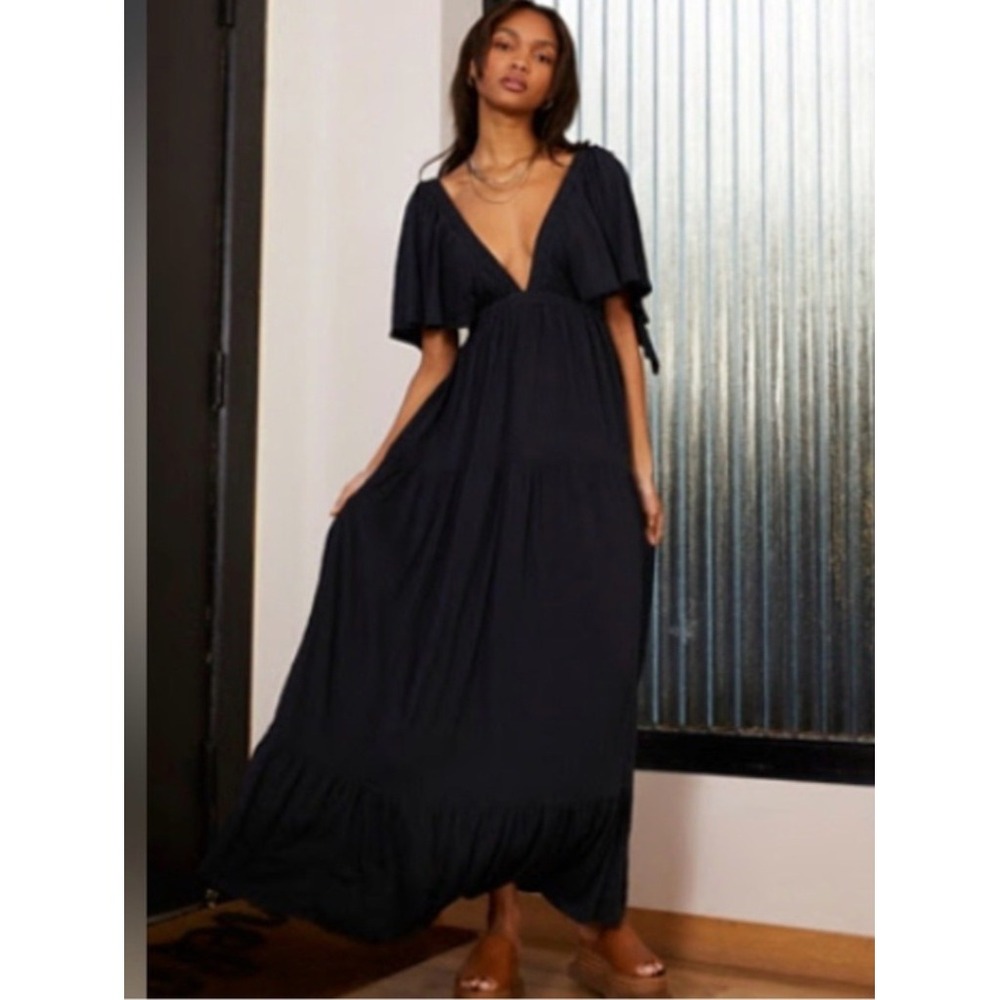 Free People Beach La La Maxi Black Gauze Flutter Sleeve V-Neck Dress XS OB882914